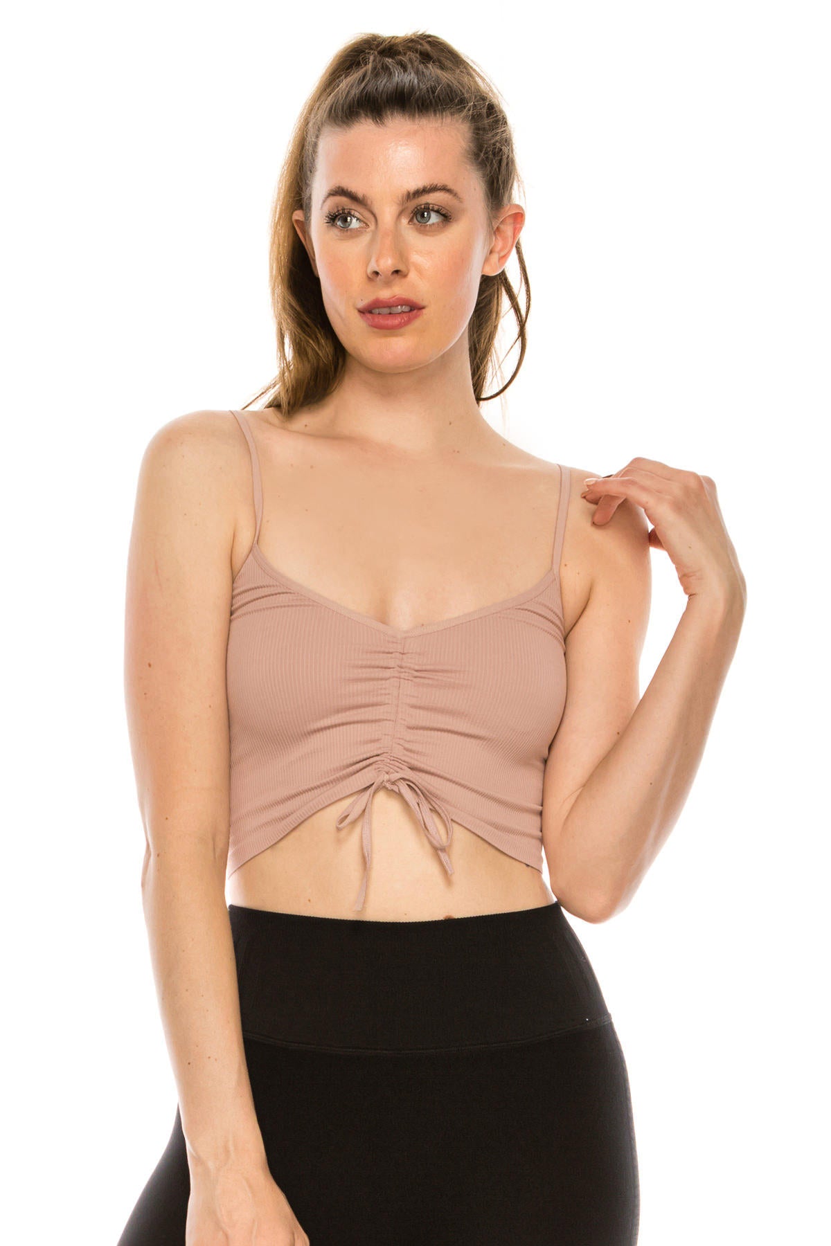 RIBBED CROP BRA TOP WITH DRAWSTRING